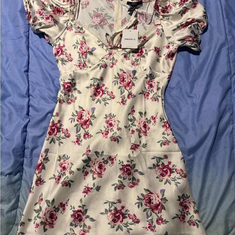 Forever 21 Rose Print Puff Sleeve Dress